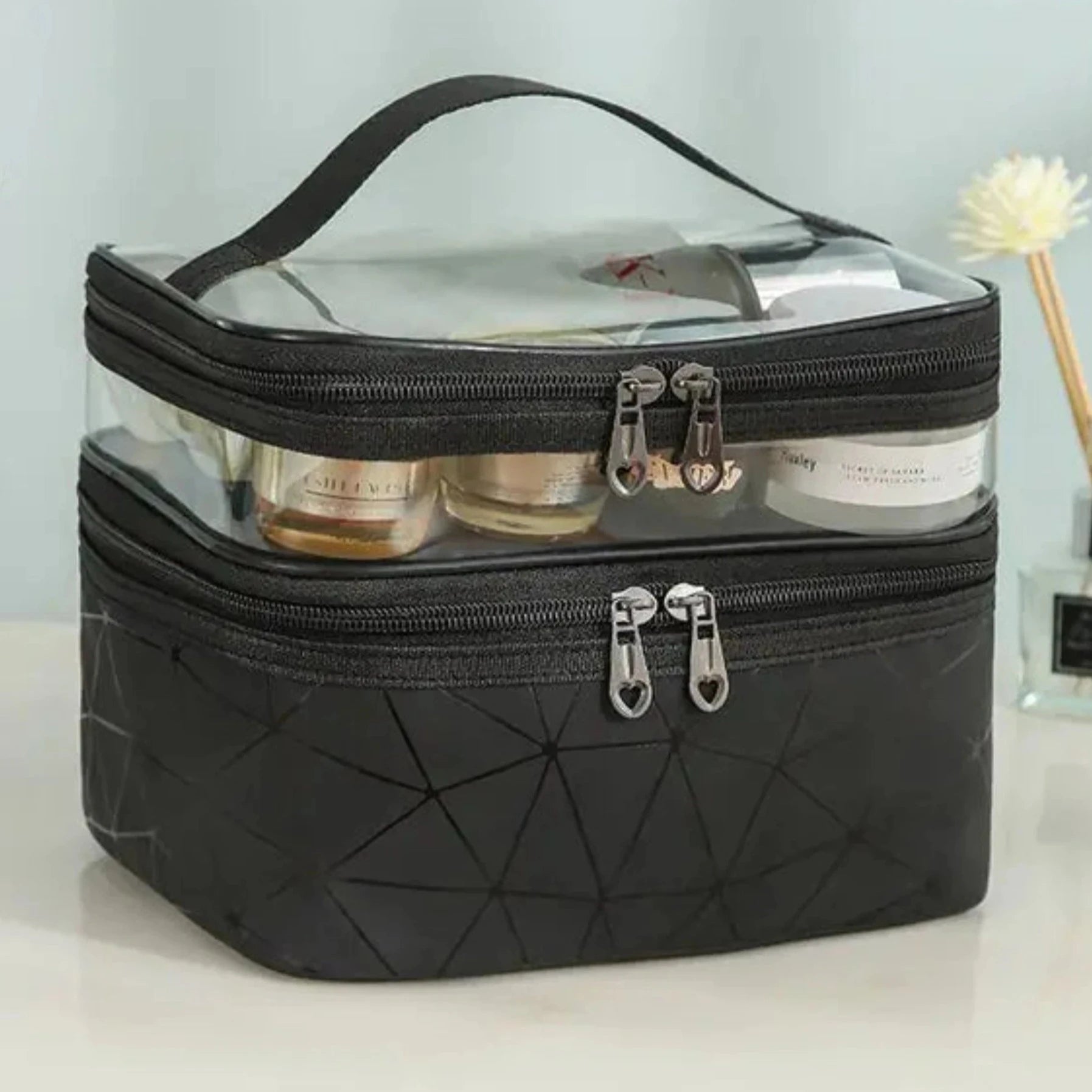 Multifunction Double Transparent Cosmetic Bag in Black