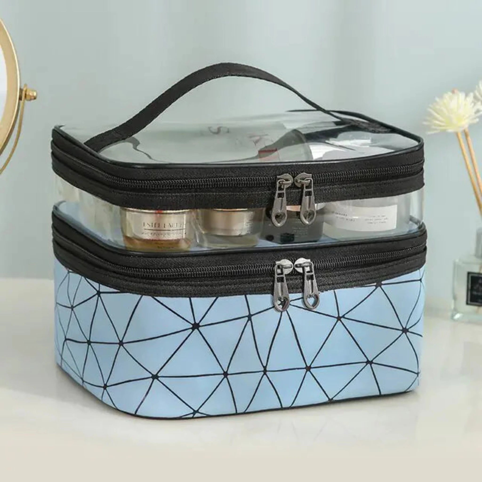 Multifunction Double Transparent Cosmetic Bag in Blue