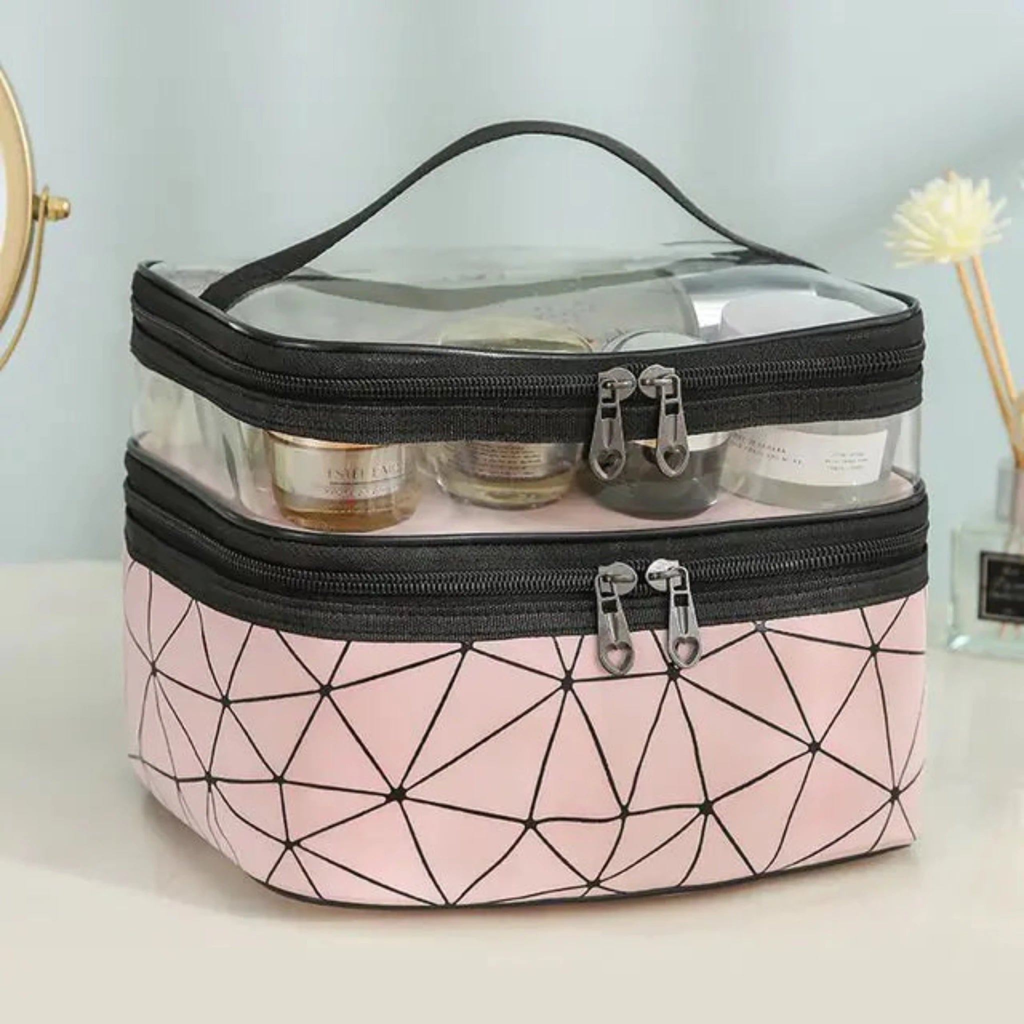 Multifunction Double Transparent Cosmetic Bag in Pink