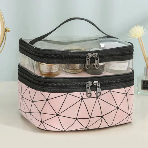 Load image into Gallery viewer, Multifunction Double Transparent Cosmetic Bag in Pink
