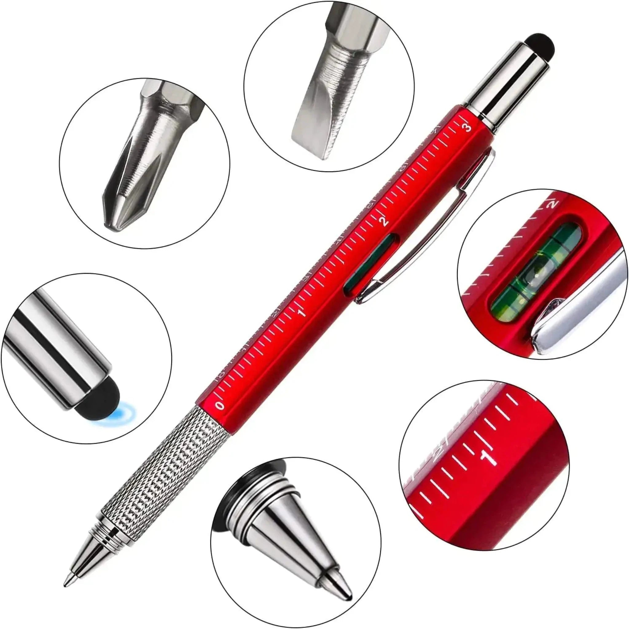 Versatile 6-in-1 Multi-Function Pen in Red