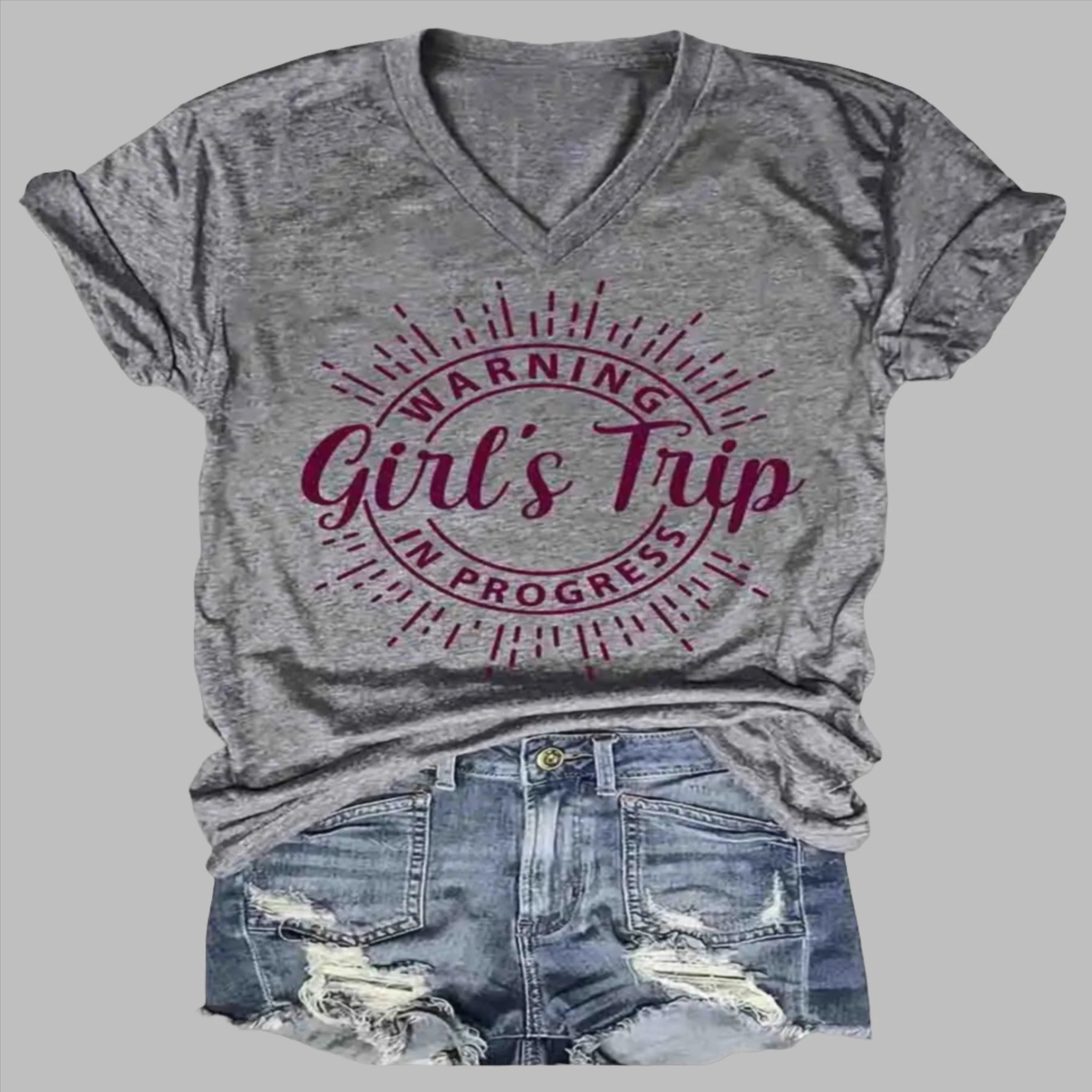 Girl's Trip V-Neck Tee in Gray