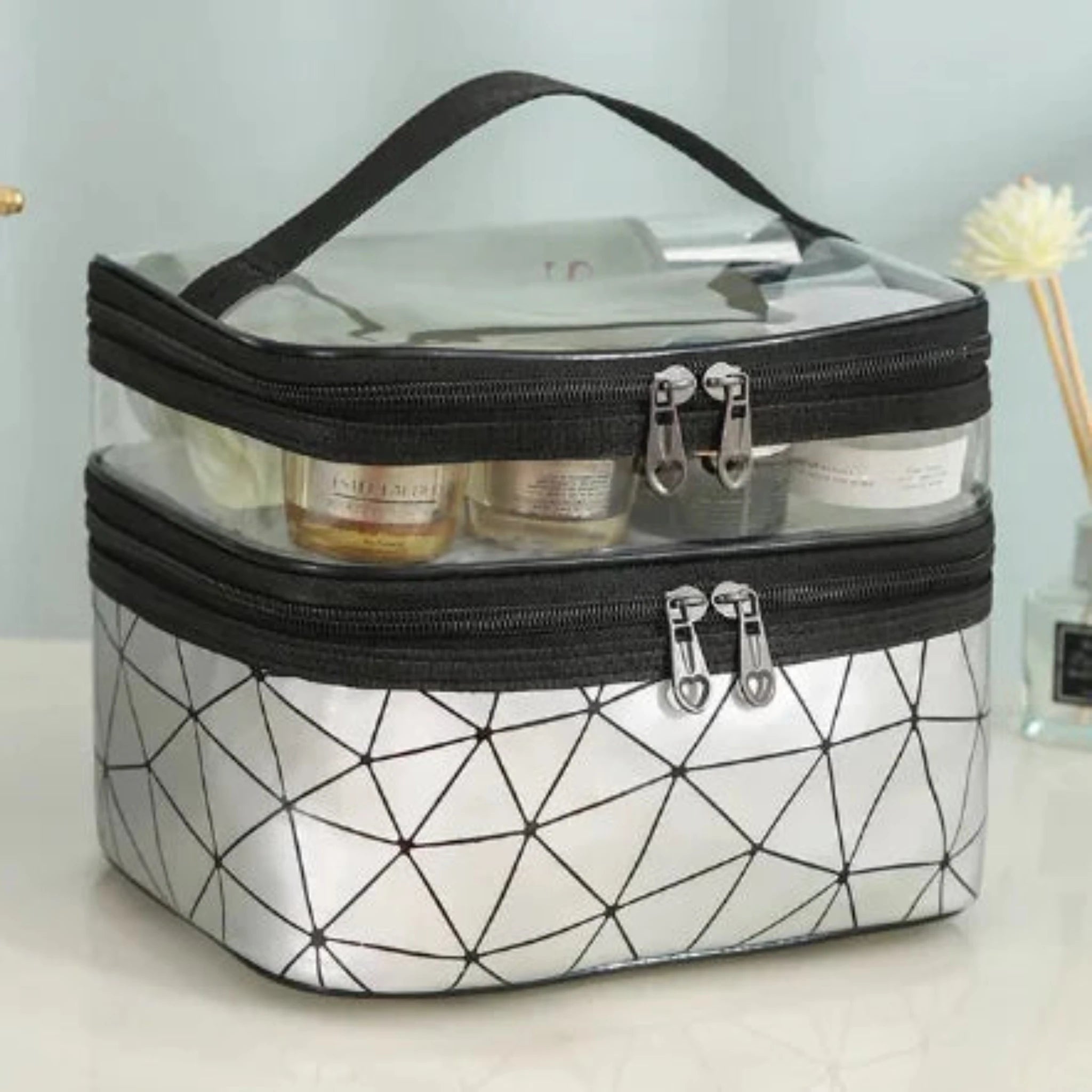 Multifunction Double Transparent Cosmetic Bag in Silver